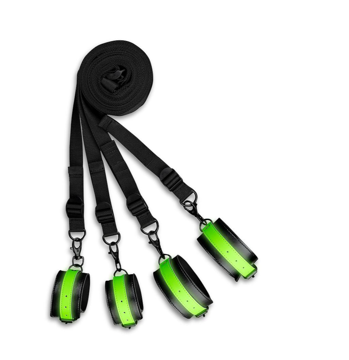 Bed restraint kit glow in the dark, green glow bed restraints, adjustable under-bed straps, glowing BDSM kit, bondage play, durable nylon straps.