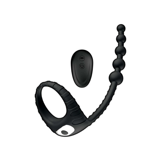 Silicone Cock Ring & Vibrating Anal Beads - Black