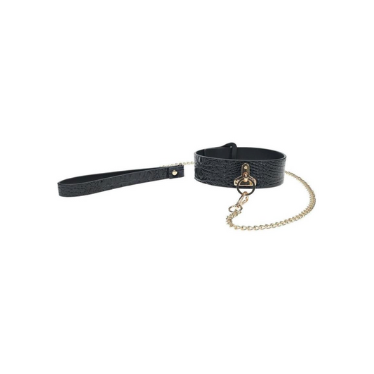 Rome Black Croc Collar with Gold Leash