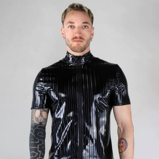 PVC vinyl glossy shiny top shirt matte pinstripes pinstripe stripe striped contrast turtleneck short sleeve sleeved shortsleeve shortsleeved short-sleeve short-sleeved front zip zipper fetish-fashion black