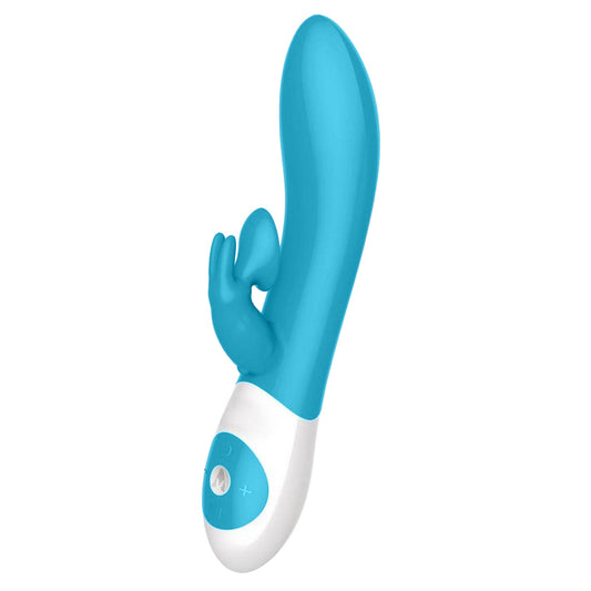 Silicone ABS plastic vibrator vibrating vibration vibe dual rabbit clit clitoral clitoris suction sucking sucker stimulation stimulator stimulating stimulate massage massaging ergonomic g-spot adult-toys blue teal turquoise