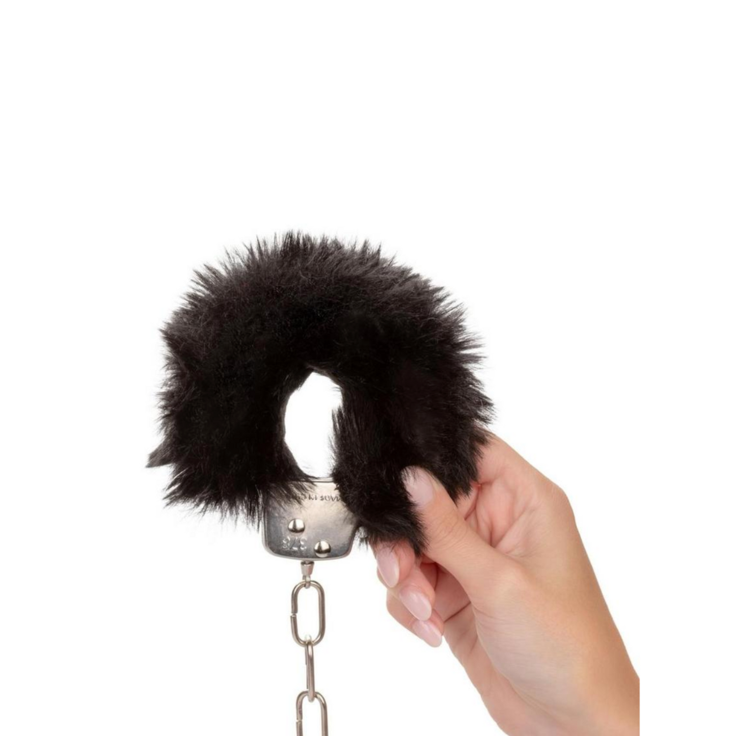 Adjustable metal handcuffs with plush faux fur and lockable design, complete with safety release latch.