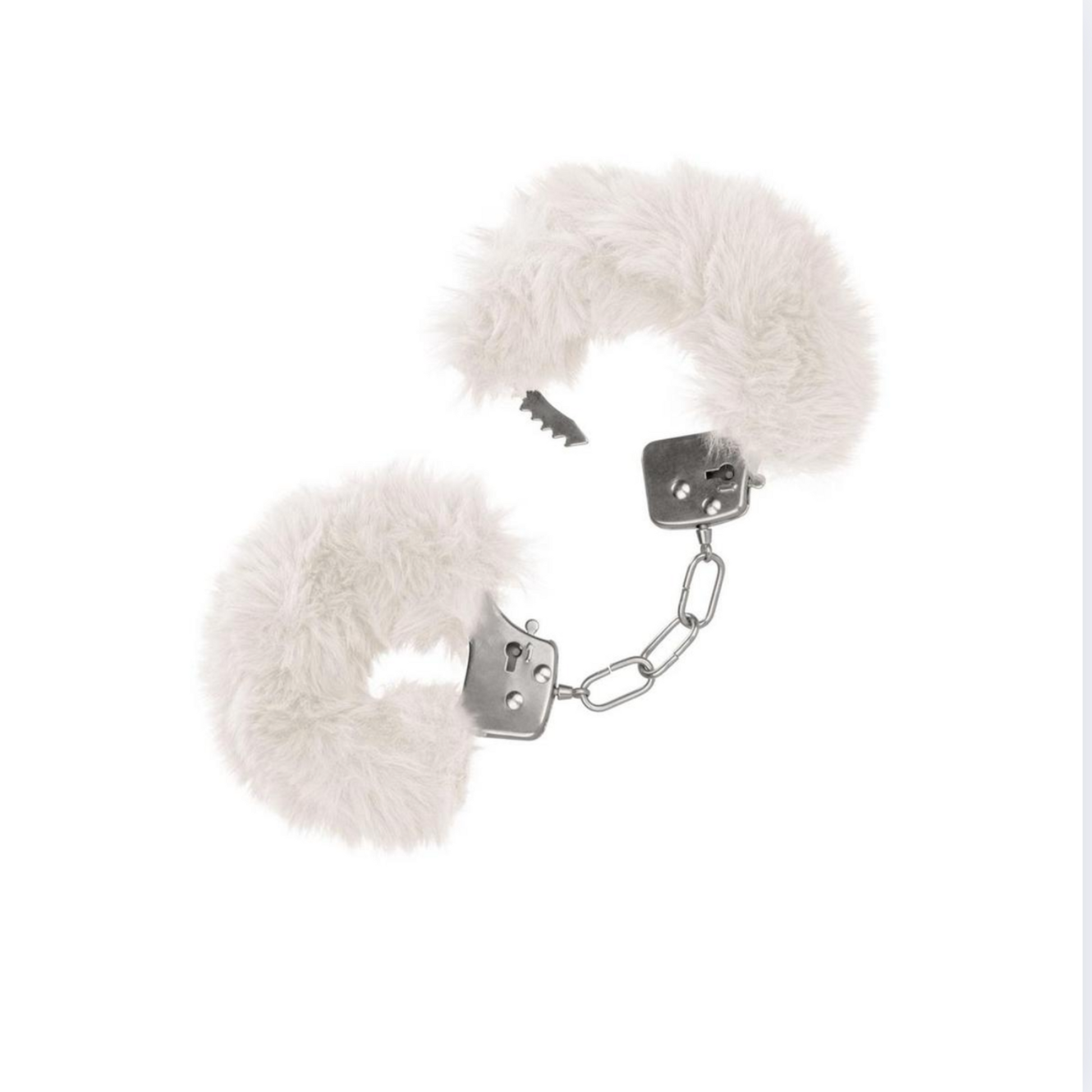 Adjustable metal handcuffs with plush faux fur and lockable design, complete with safety release latch.