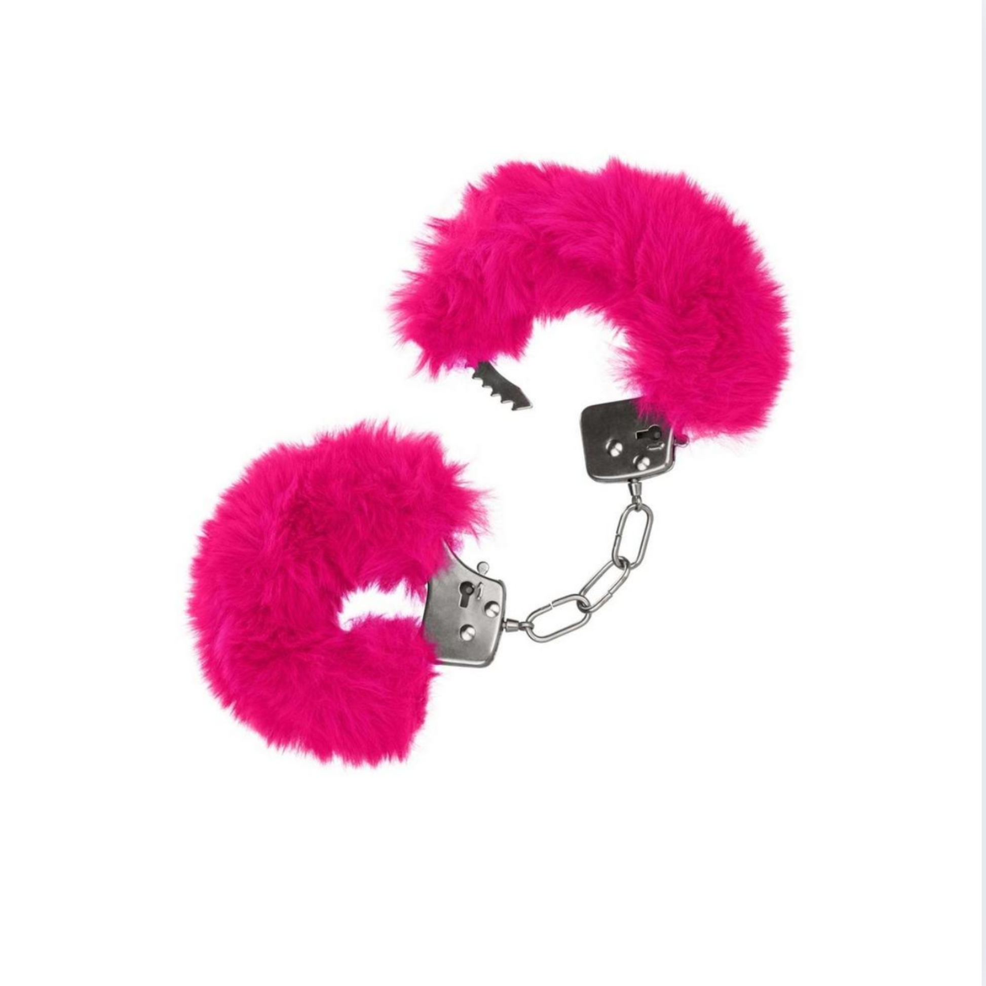 Adjustable metal handcuffs with plush faux fur and lockable design, complete with safety release latch.