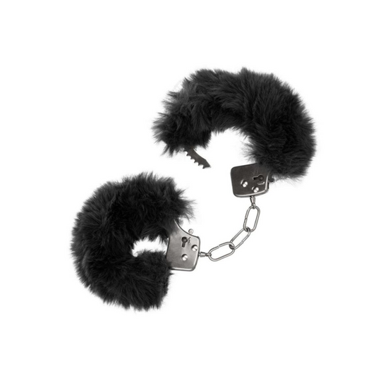 Adjustable metal handcuffs with plush faux fur and lockable design, complete with safety release latch.