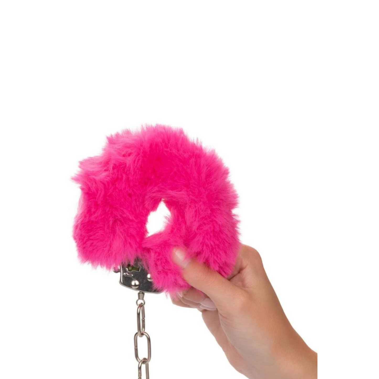 Adjustable metal handcuffs with plush faux fur and lockable design, complete with safety release latch.