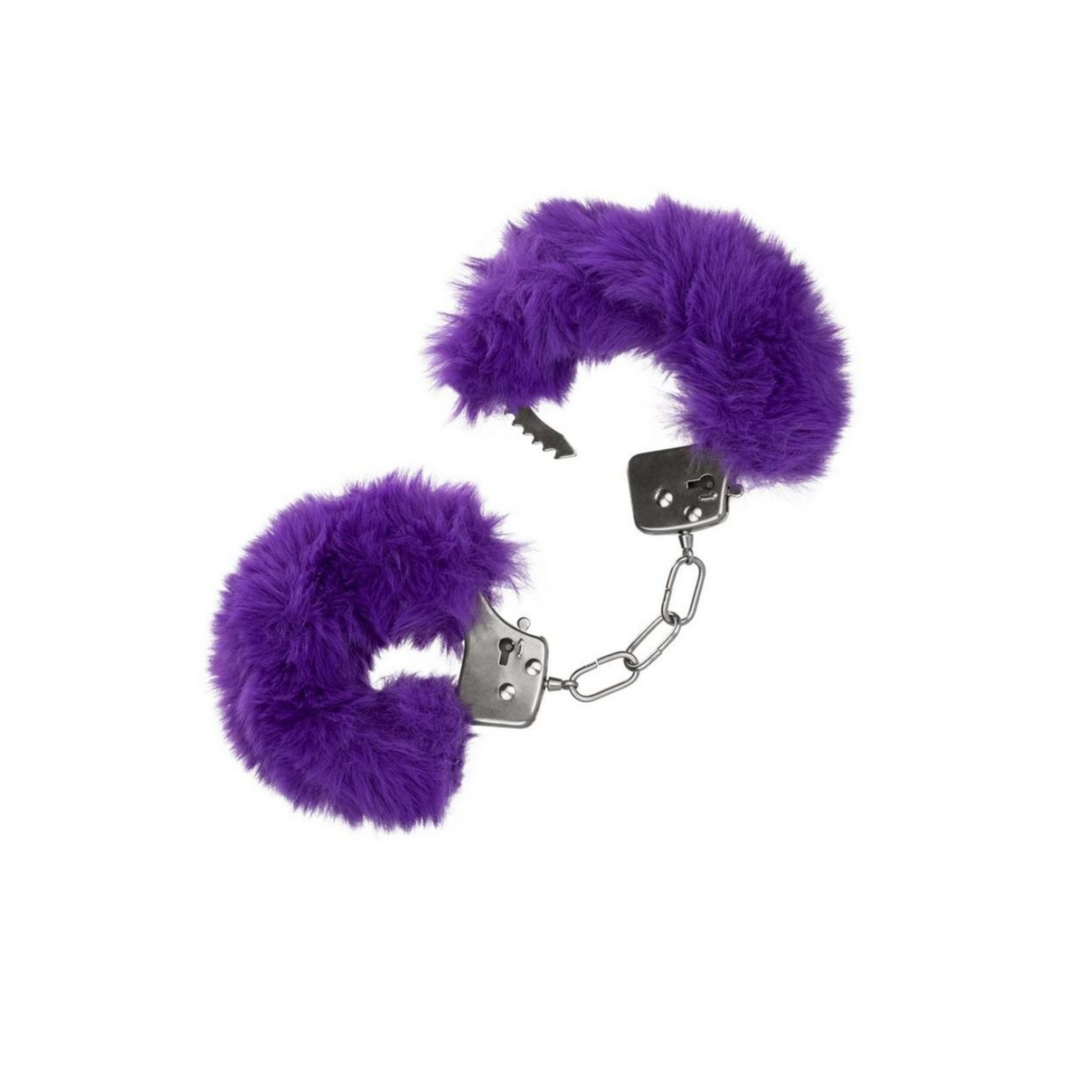 Adjustable metal handcuffs with plush faux fur and lockable design, complete with safety release latch.