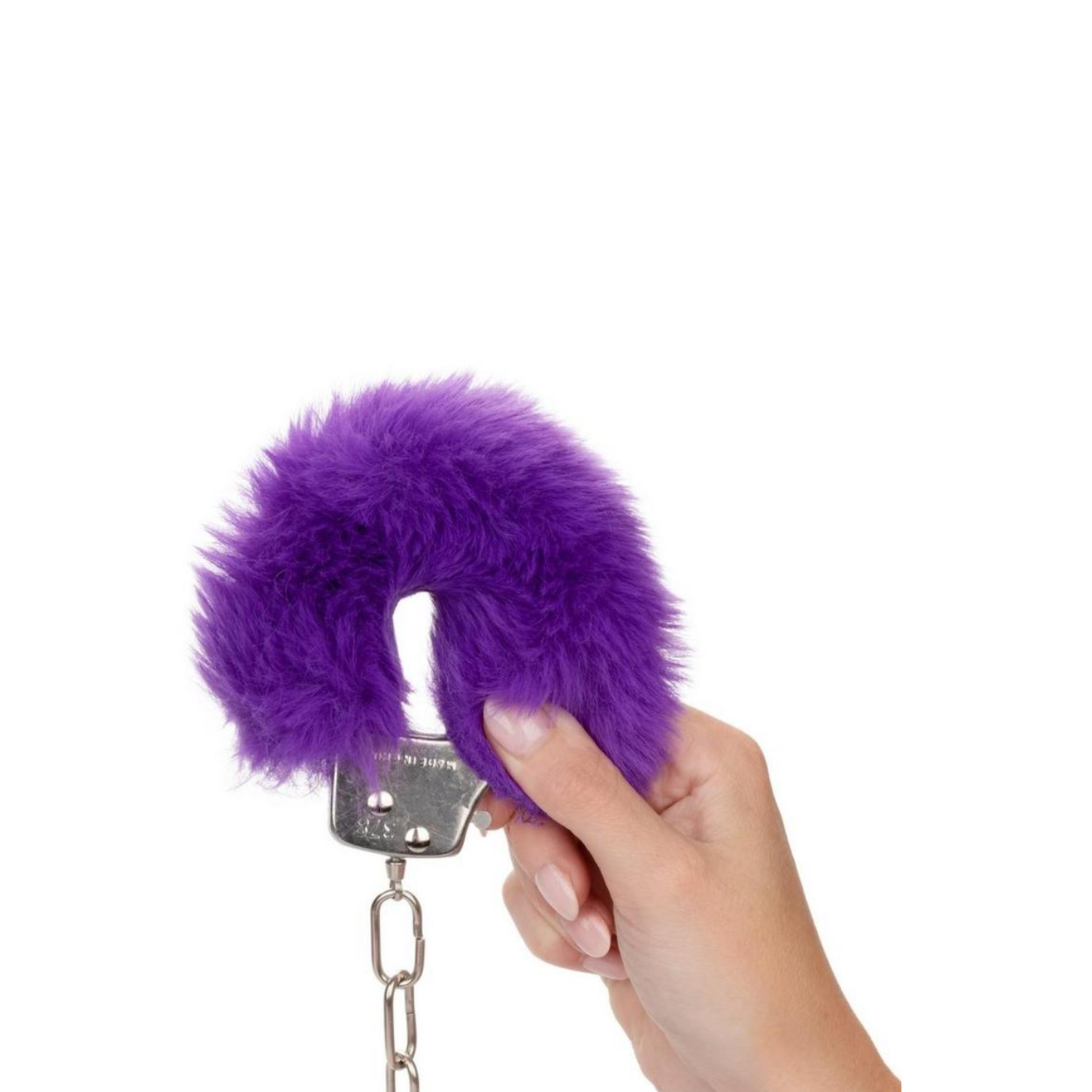 Adjustable metal handcuffs with plush faux fur and lockable design, complete with safety release latch.