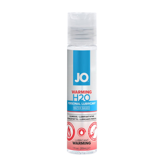 Jo H2O Warming Lube in a sleek bottle, providing a soothing warming sensation for enhanced intimate moments.