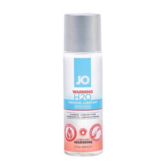 Jo H2O Warming Lube in a sleek bottle, providing a soothing warming sensation for enhanced intimate moments.