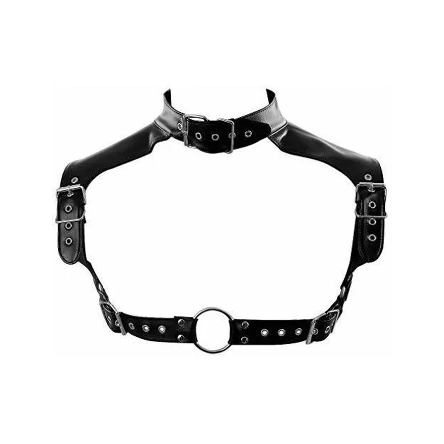 Leather vegan top harness chest shoulder shoulders saddle buckles adjustable O-ring collar bulldog reversible bondage bdsm kink kinky-play fetish-fashion fashion black