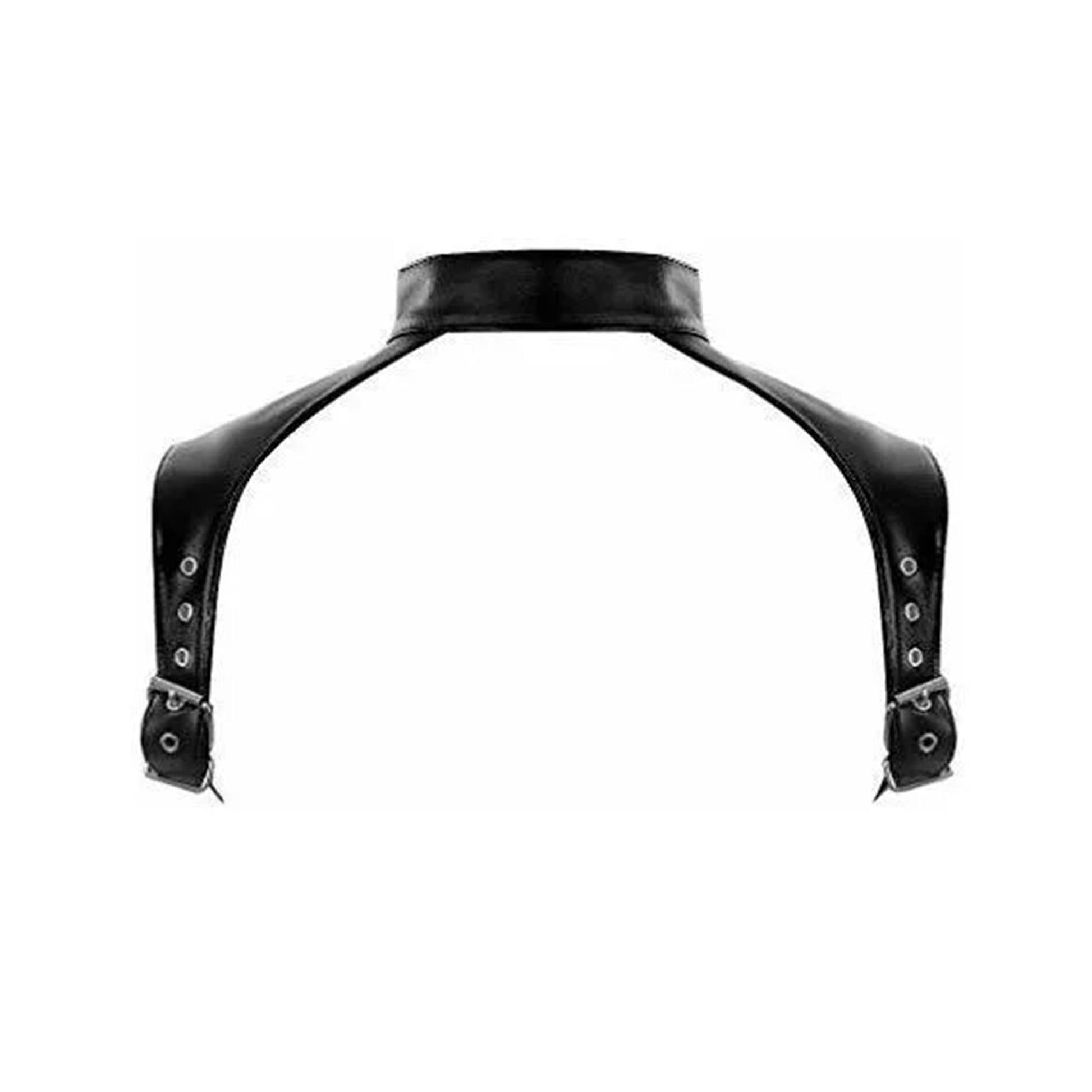 Leather vegan top harness chest shoulder shoulders saddle buckles adjustable O-ring collar bulldog reversible bondage bdsm kink kinky-play fetish-fashion fashion black