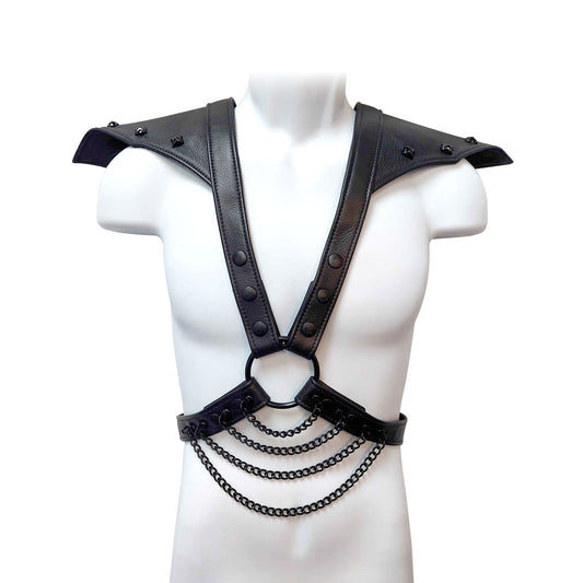 Leather genuine real chain chains hanging body chest harness body-harness chest-harness winged shoulders studded pyramid snap button press snap-button press-button O-ring bdsm bondage erotic-clothing black