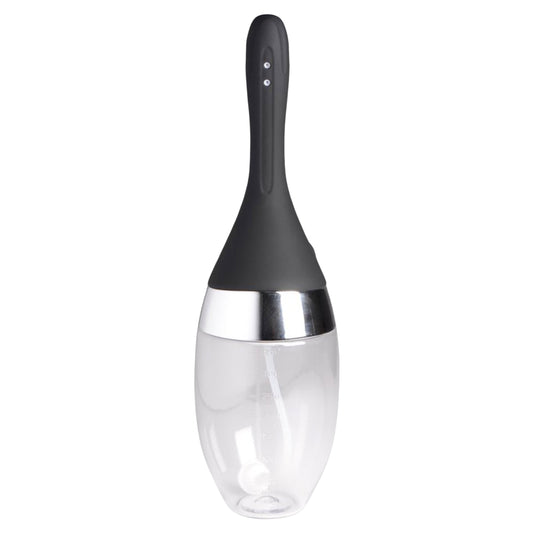 Automatic Vibrating Rechargeable Silicone Enema Bulb in black with 360-degree water jets, multiple functions, and IPX7 waterproof rating.