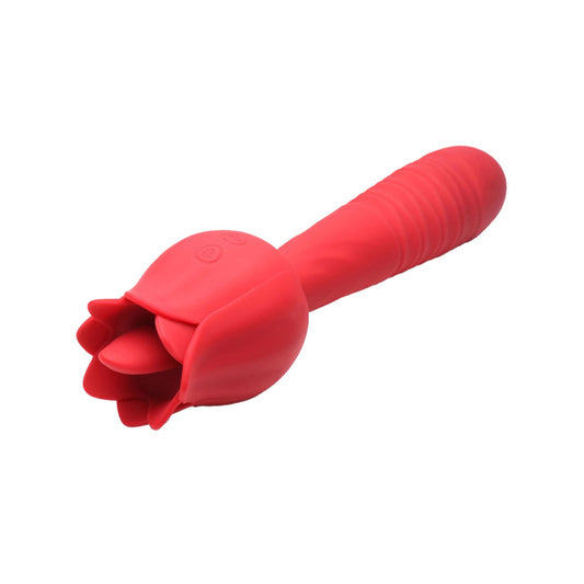 Bloomgasm Rose Thrusting & Licking Silicone Vibrator - Red