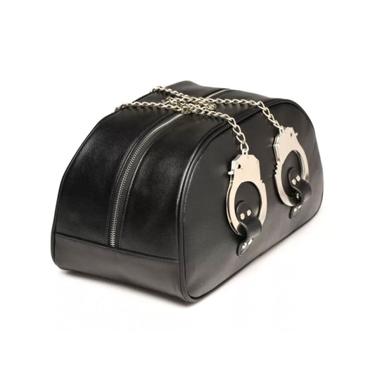 Faux vegan leather bag travel handles steel removable handcuffs quick-release quick release polyester lining bdsm bondage fetish kink kinky gear accessories black silver