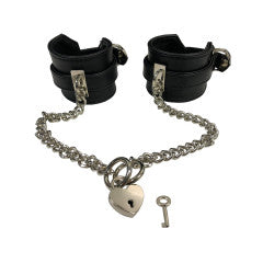 Wrist Cuffs with Connecting Chain & Heart Lock Black