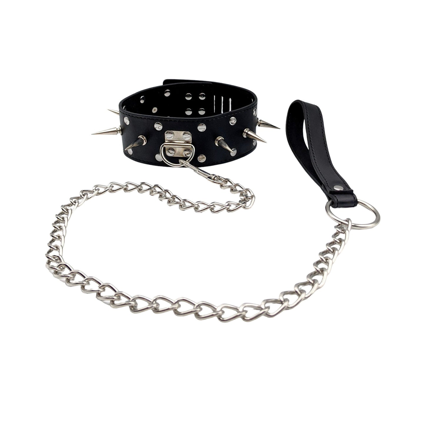 Lockable Collar With Spikes And Leash Black Adjustable