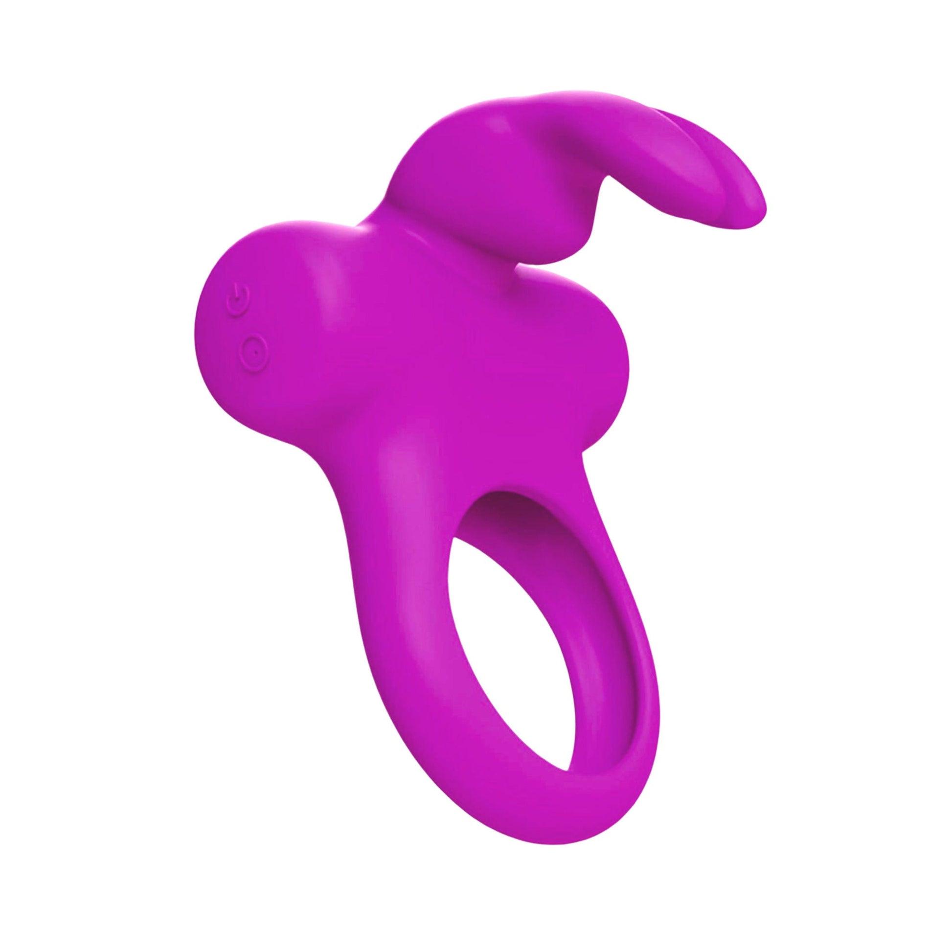 Pink rechargeable silicone vibrating cock ring with bunny ears for clitoral stimulation. Features 5 vibration modes, a quiet motor, and a splashproof design. USB rechargeable and travel-friendly with a smooth, elastic fit for any girth.