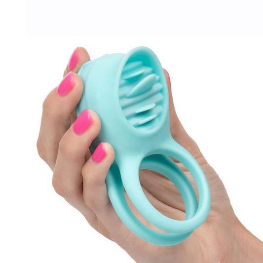 French Kiss Enhancer Silicone Rechargeable Cock Ring in Blue with dual support, 12 vibration functions, and tongue teaser details.

