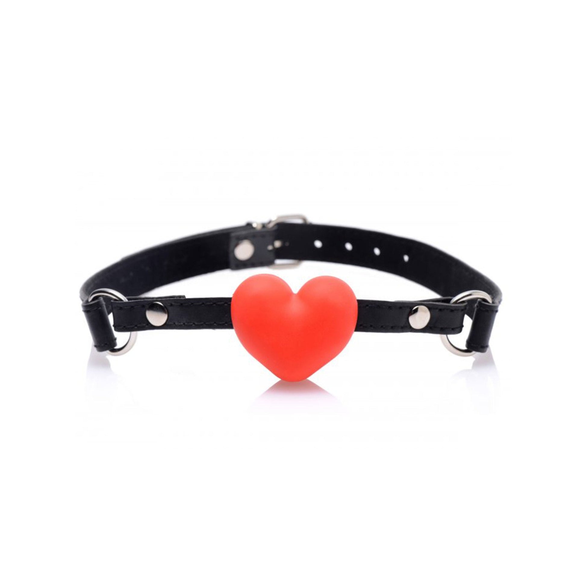 Frisky Heart Beat Silicone Heart Shaped Mouth Gag in red, featuring an adjustable strap and soft silicone heart for playful restraint.